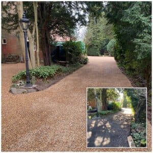 Gravel tar-and-chip driveway through a wooded garden