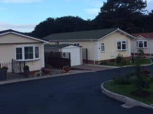 Holiday park road with a kerbed island